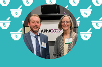 Podcast guests Lucas Berenbrok and Elaine Mormer are featured in a circle on a teal background. The background contains illustrated pharmacy icons.