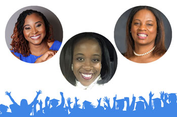 Three podcast guests appear in circles on a white backdrop. At the bottom of the image, the silhouette of a graduation appears in blue.