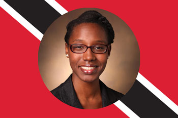 A photo of podcast guest Amanda Piper appears on top of an image of the Trinidad and Tobago flag