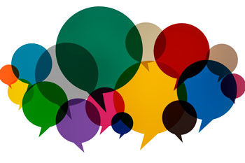 group of overlapping colorful speech bubbles