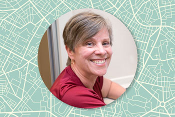 Podcast guest Marcia Hay-McCutcheon appears in a circle over a background that looks like a map of roads.