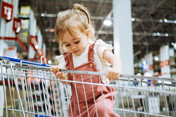 a toddler in overalls climbing up the side of a shopping cart with grocery store isles behind her