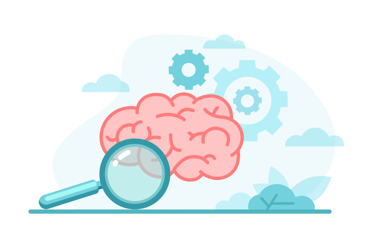 abstract illustration of a brain with magnifying glass and gears in the background
