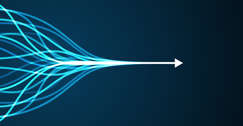 blue streaks of light on left side of image join together into a single arrow against a black background
