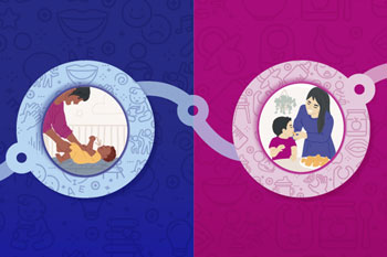 Graphics of mother interacting with infant and mother feeding toddler.
