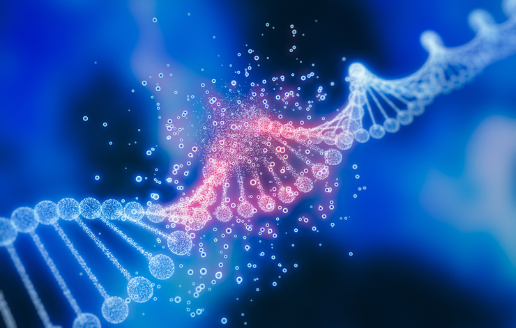 dna strand with section highlighted in pink against a blue background