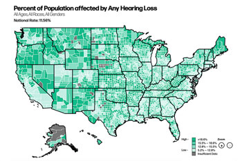 US map showing hearing loss in shades of green