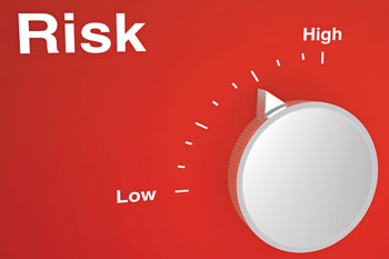 White dial on red background indicating risk from low to high.