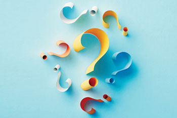 Multi-colored question marks on a light blue background.