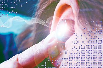 A finger touching a hearing aid, with sound waves superimposed over the image.
