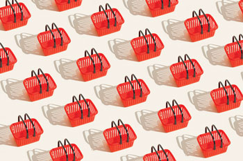 Rows of red shopping baskets with black handles, shadowed against a white background.