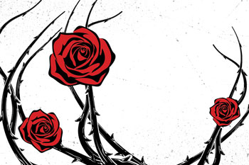 Drawing of red roses with black stems and thorns.
