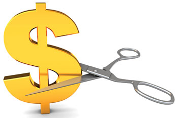 Drawing of a scissors cutting through a large yellow dollar sign.