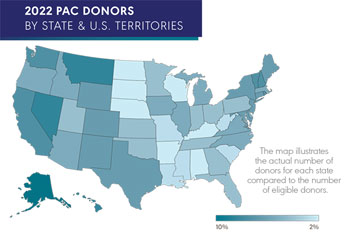 U.S. map illustrating the actual number of ASHA-PAC donors for each state compared to the number of eligible donors.